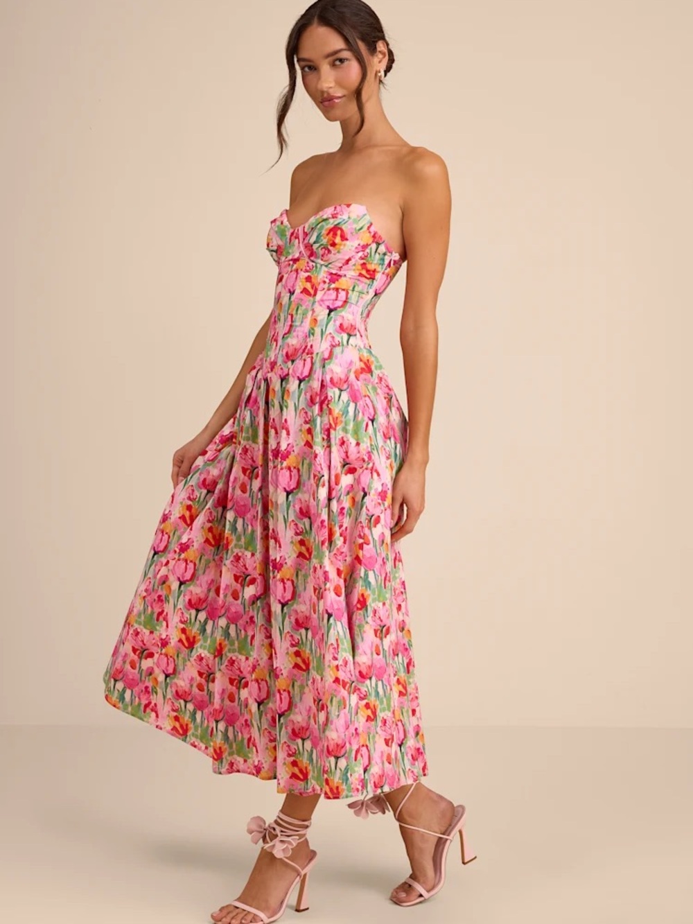 NWT Lulus Francena Pink Multi Floral Busier Midi Dress - M